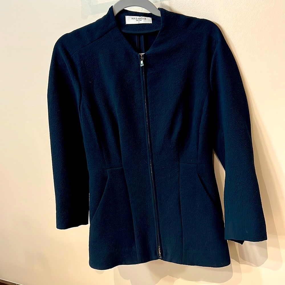 MM. LaFleur lady boss fitted, zipped jacket in deep bluish green.